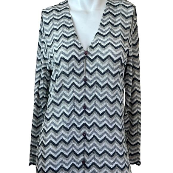 French Rags Blue White & Grey Chevron Design Knit Long Cardigan Duster sz 2=M - Picture 2 of 10
